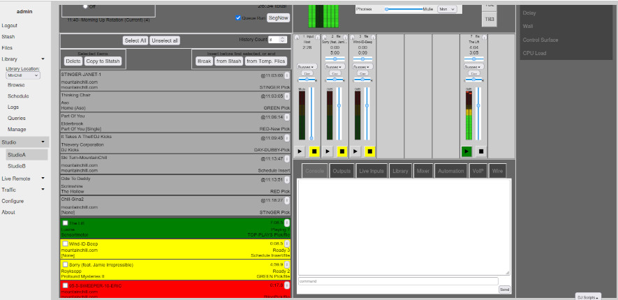 AudioRack Live Assist interface showing scheduled audio, playback decks, meters, studio controls, and operator tools.